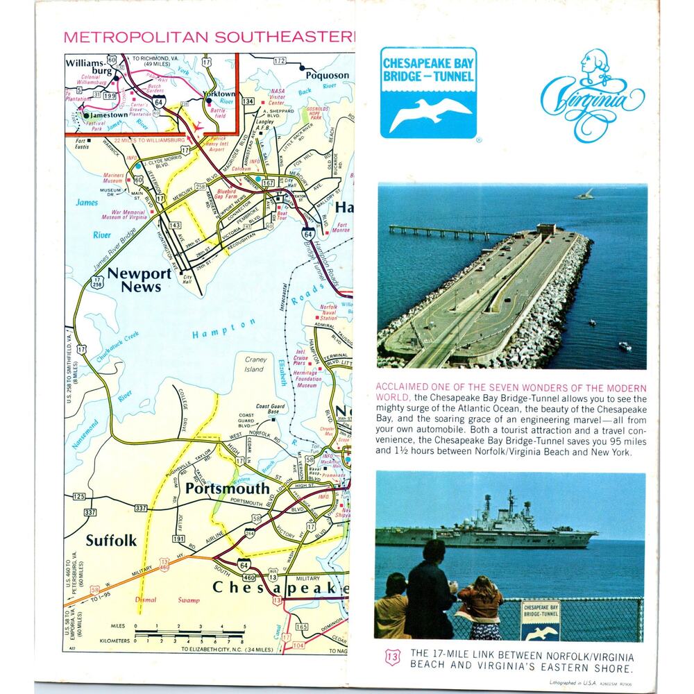 Vintage Chesapeake Bay Bridge-Tunnel Map & Fold Out Travel Brochure TH2-O2 - Picture 2 of 2